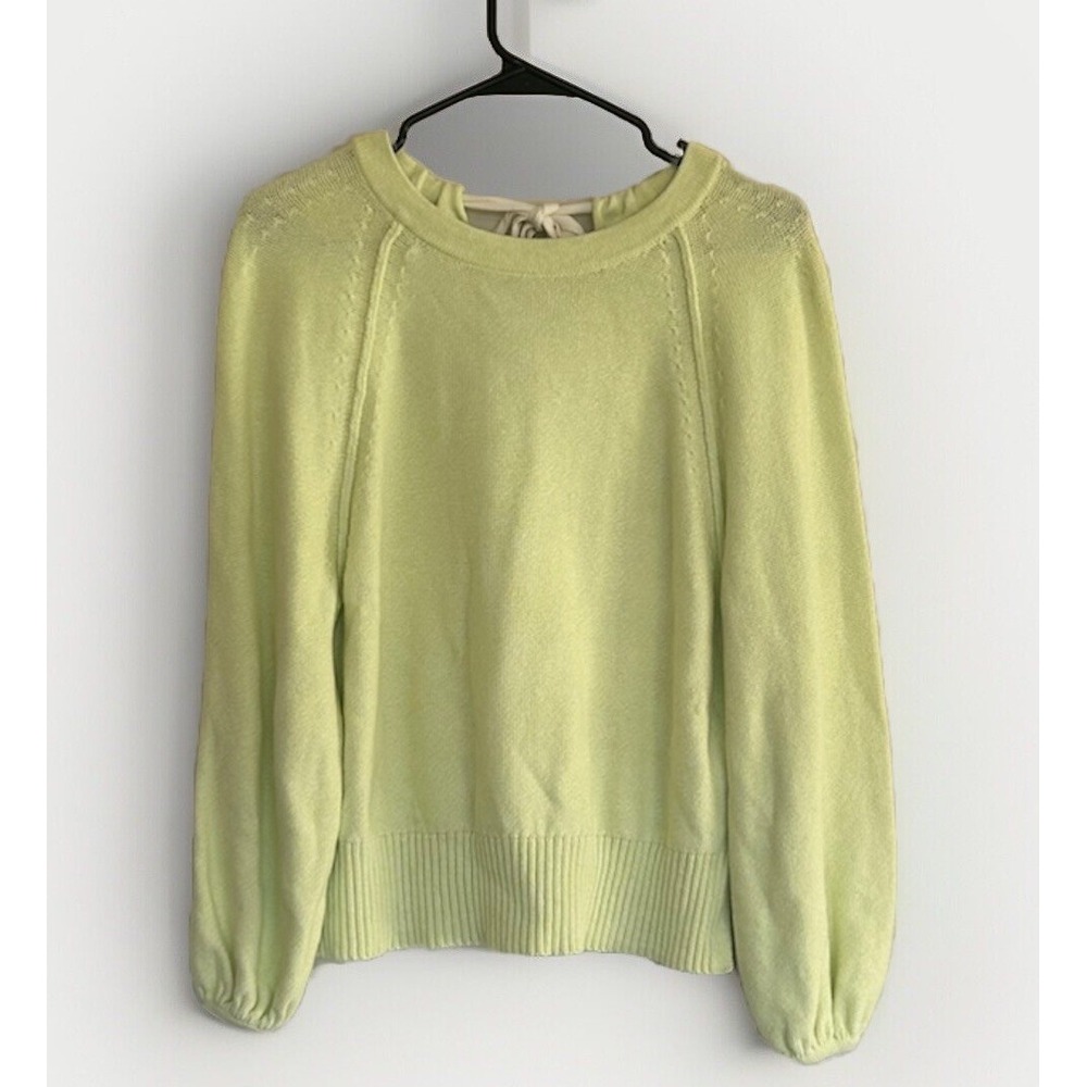Anthropologie Emily Puff Sleeve Sweater S Cotton Lime Green Bow Dainty Relaxed